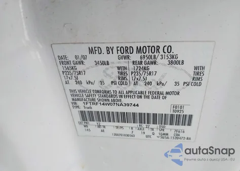 2007 Ford F-150 Stx/Xl/Xlt из США, поврежденный, VIN 1FTRF14W07NA39744